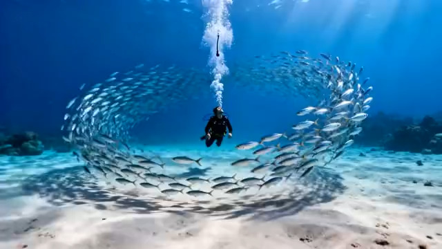  潜水员与海洋鱼群海底画面905#横屏 	 