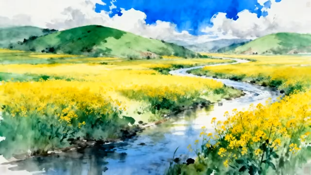 水彩画油菜花田自然风光1960#横屏 