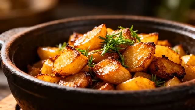 陶碗中烤制金黄土豆美食4641#横屏 