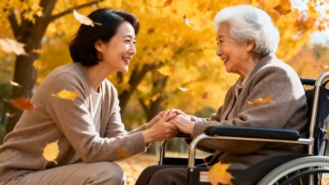  秋日女子与坐轮椅老人温馨互动886#横屏 	 