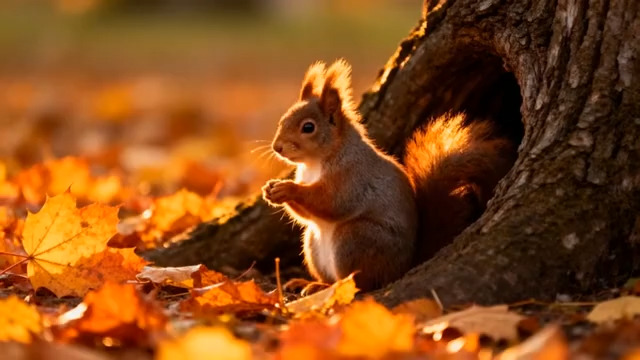  秋日树洞旁的松鼠1843#横屏 	 - 