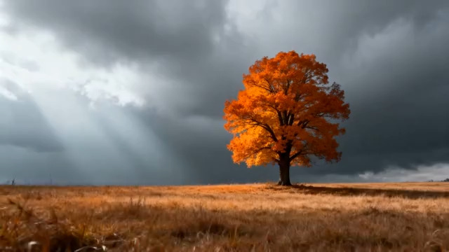  秋日旷野中的橙红树木989#横屏 	 