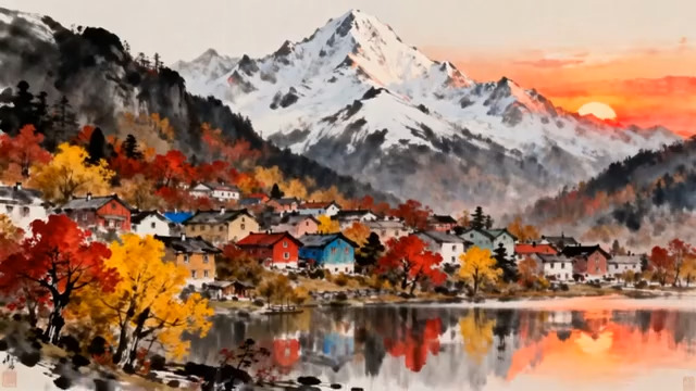  秋日山水小镇风光191#横屏 	 