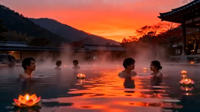  情侣在温泉池赏日落1413#横屏 	 