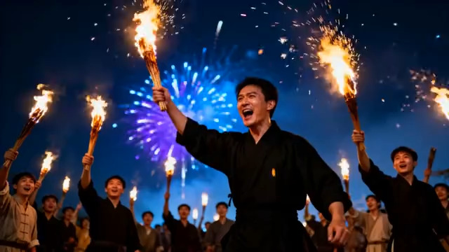  人群举火把烟花夜景画面939#横屏 	 