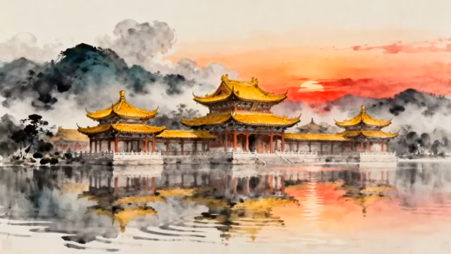 水墨古风古建筑湖面风景3125#横屏 