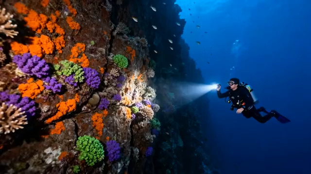  潜水员海底观赏多彩珊瑚礁1599#横屏 	 - 