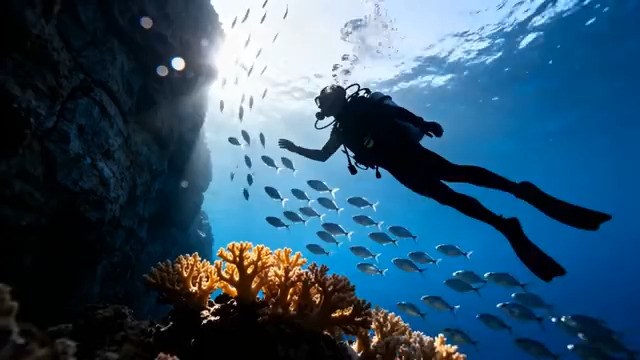  潜水员海底与鱼群珊瑚互动1873#横屏 	 