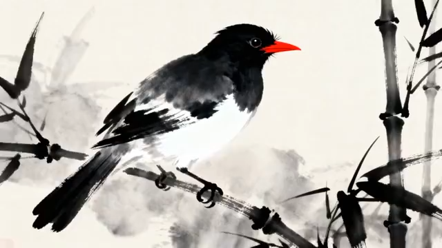 水墨风竹枝上的鸟2608#横屏 