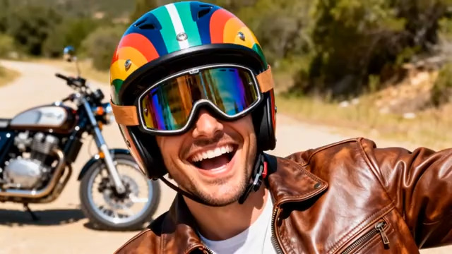  骑摩托车男子户外开心留影934#横屏 	 