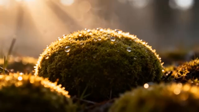  清晨森林中带露珠的苔藓特写524#横屏 	 -