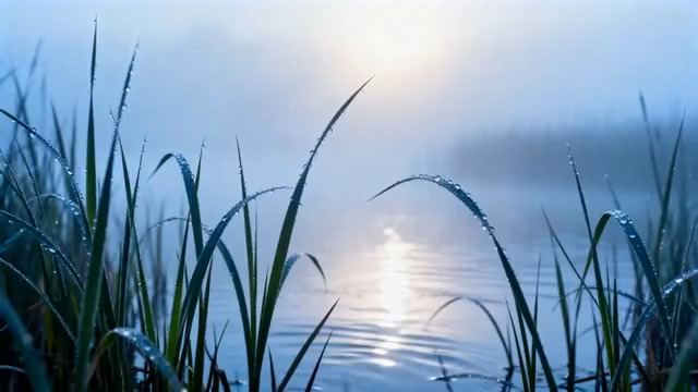  清晨湖边带露珠的草自然风光2395#横屏 	 