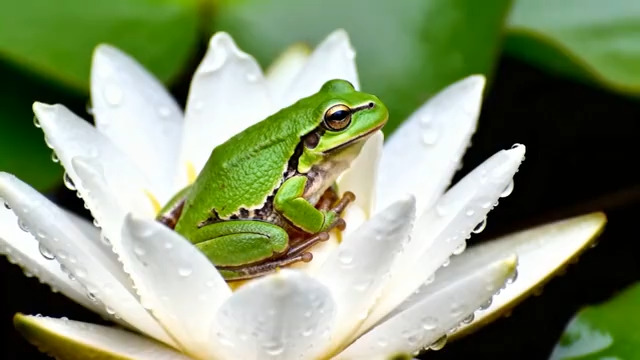  青蛙栖息在白色荷花上788#横屏 	 