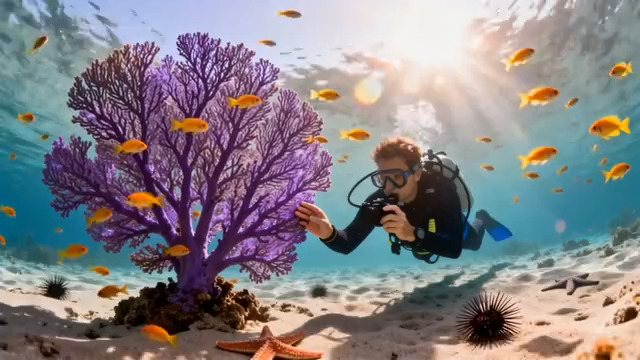  潜水员海底观察紫色珊瑚2441#横屏 	 