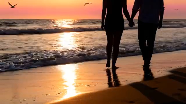  情侣海滩日落漫步2959#横屏 	 -