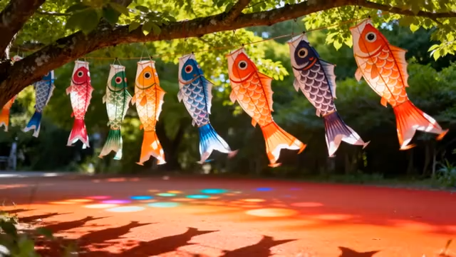 树上悬挂的彩色鲤鱼旗4084#横屏 