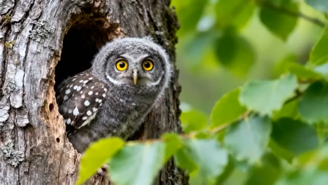 树洞中探头的猫头鹰幼崽3563#横屏 