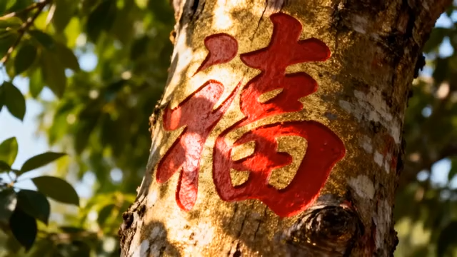 树干上的红色福字特写5499#横屏 