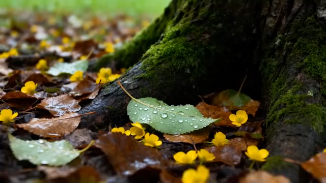 树底落叶与带水珠绿叶特写3913#横屏 