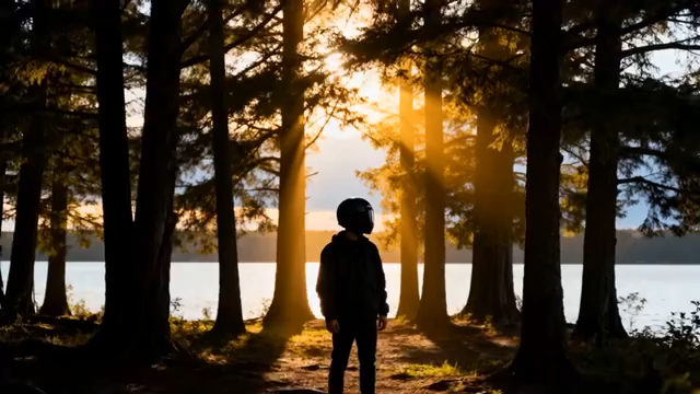 树林中人物逆光站立画面5381#横屏 