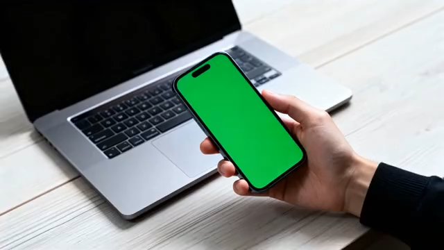 手持绿屏手机与笔记本电脑画面4634#横屏 