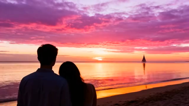  情侣海边赏绚丽晚霞景观2953#横屏 	 