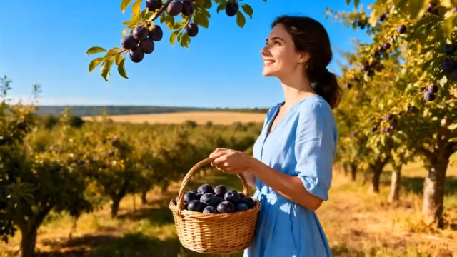  女子果园采摘李子画面520#横屏 	 