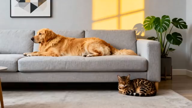 室内沙发旁的金毛犬与猫咪1572#横屏 
