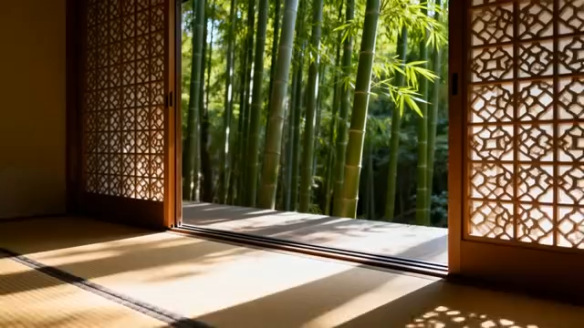 室内透过门窗看竹林景致4338#横屏 