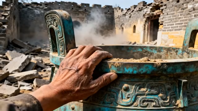 手触青铜器于古建筑废墟场景4786#横屏 