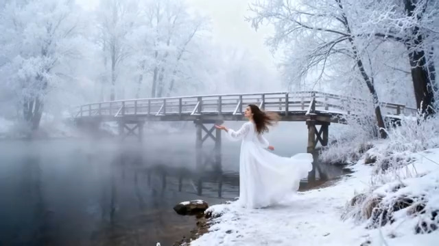  女子雪中湖边漫步2958#横屏 	 