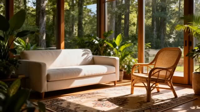 室内沙发藤椅与窗外树林景观4156#横屏 