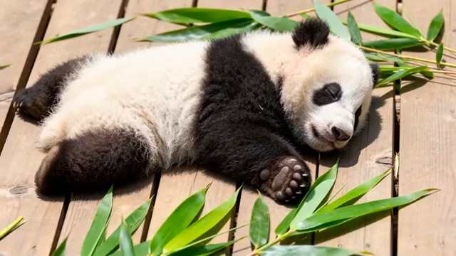 趴卧在木板上的幼年大熊猫1544#横屏 	 