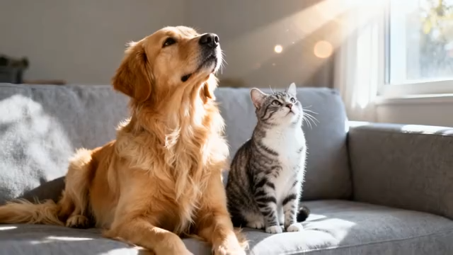 室内沙发上猫咪与狗狗同框1260#横屏 