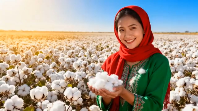  女子于棉田捧棉花微笑899#横屏 	 