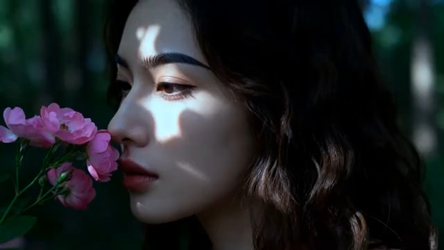  女子闭眼嗅闻粉色花朵2503#横屏 	 -