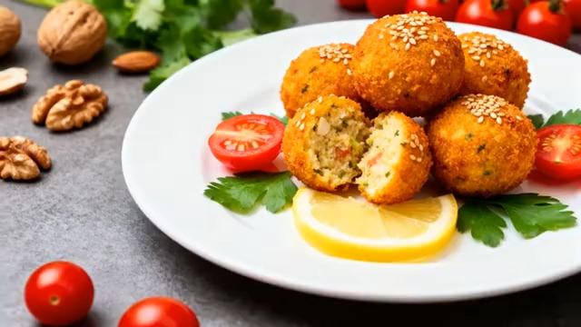  盘子里的芝麻肉丸美食素材1536#横屏 	 