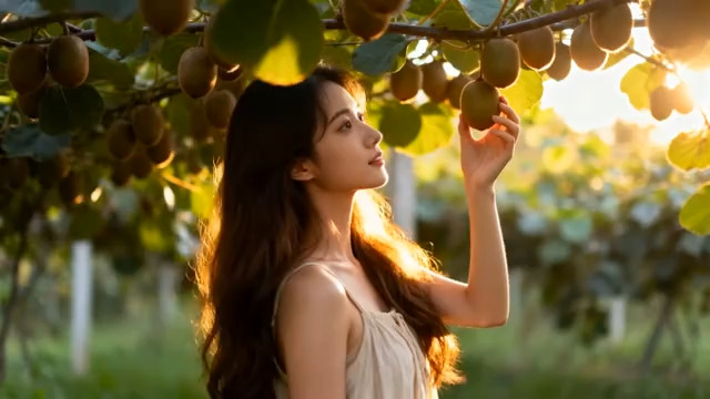  女子果园采摘猕猴桃素材924#横屏 	 - 