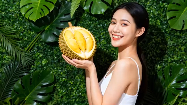  女子手持剥开的榴莲1928#横屏 	 -