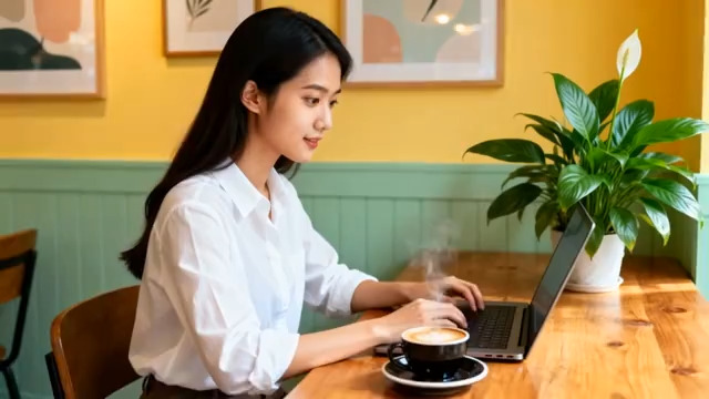  女子咖啡馆用笔记本电脑办公929#横屏 	 