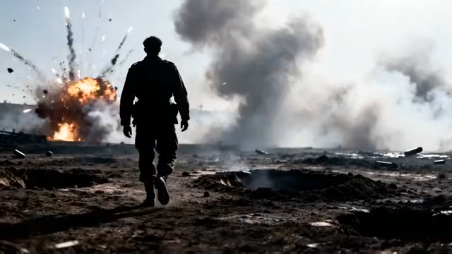 士兵于战场背对镜头行走1403#横屏 