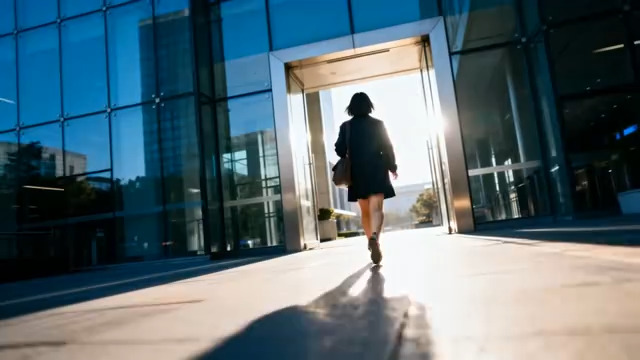  女性步入现代玻璃建筑53#横屏 	 