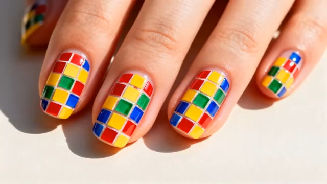  女性彩色方格美甲特写2561#横屏 	 -