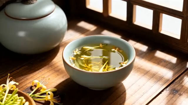 室内木桌茶具与泡好的花茶2177#横屏 