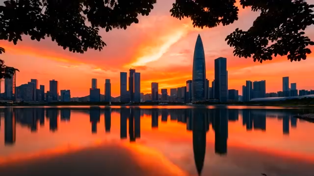 深圳城市黄昏天际线湖景3933#横屏 