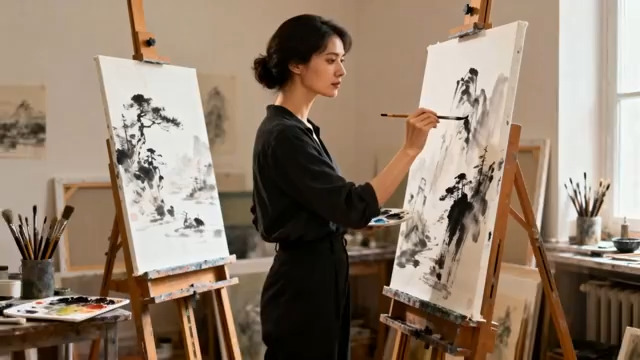  女性在工作室绘制水墨画1950#横屏 	 