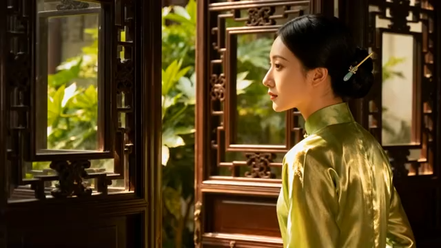 身着旗袍女子倚窗而立91#横屏 