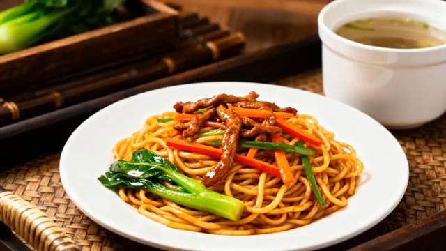  牛肉炒面配汤美食画面1134#横屏 	 