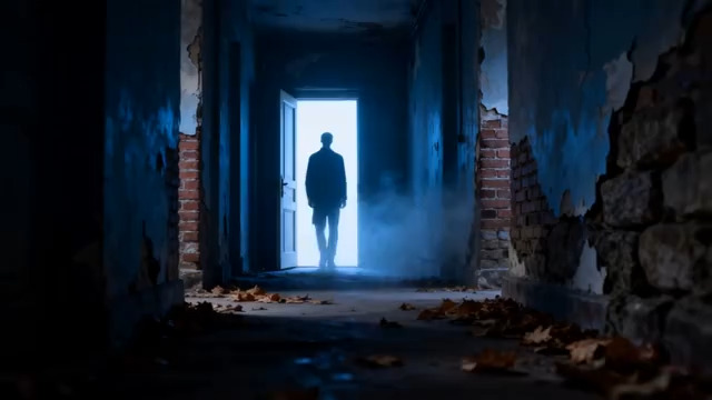  男子走向破旧走廊尽头光亮处582#横屏 	 