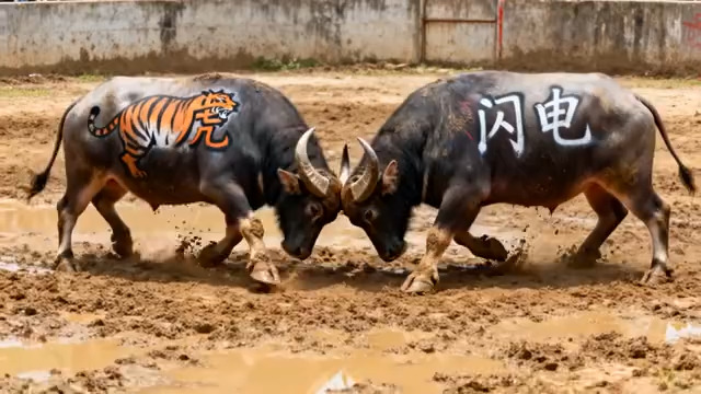  泥地中彩绘公牛对峙画面2191#横屏 	 